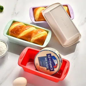 Rectangular silicone toast molds for baking non-stick bread and cakes in various colors.