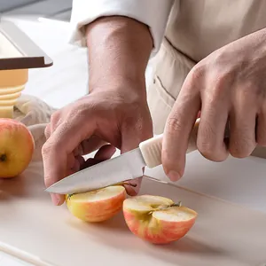 Outdoor camping set with folding cutting board and stainless steel knife cutting apple