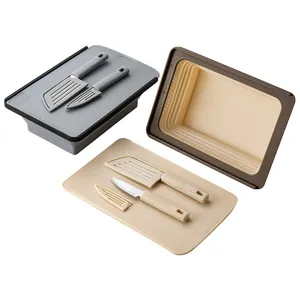 Portable foldable cutting board basket and outdoor camping knife set in neutral colors