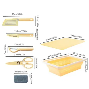 Detailed dimensions showing the size of 7-piece folding basket and kitchen cutting board set.