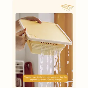 Detailed view of the foldable vegetable basket's drainage feature with lid on.