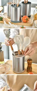 Detail view of a rotating stainless steel kitchen utensil holder with white silicone tools