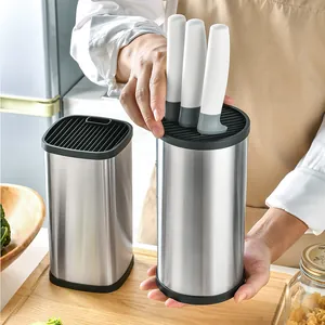 Bloque Portacuchillos Universal de Acero Inoxidable para Encimera de Cocina Redondo Cuadrado Organizador de Cuchillos de Metal Cepillado para el Hogar