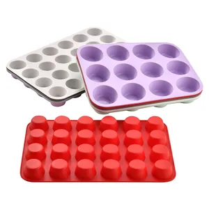 Multi-color 12-cup round silicone muffin pan for baking cupcakes and jelly