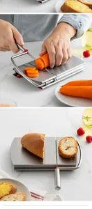 Professional stainless steel slicer with grid scale shown cutting bread and carrots