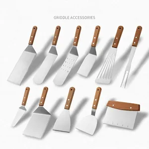Stainless Steel Griddle Spatula With Wooden Handle Professional BBQ Accessories Metal Turner Meat Fork Scraping Tools For Outdoor Flat Top Grill