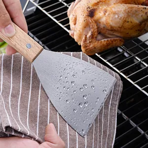 Professional stainless steel griddle scraper with wooden handle for teppanyaki grill cooking