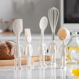 5-piece cute cartoon person silicone baking tool set with whisk and spatula in cream