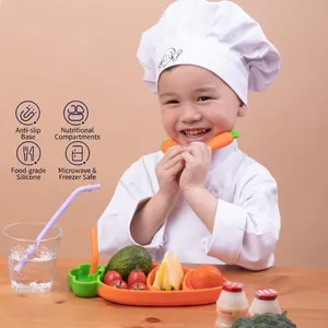 Karottenförmiges Baby-Saugteller-Set aus Silikon mit Strohhalm und Fächern