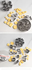 Detailweergave van de 24-delige geometrische koekjessteker set van roestvrij staal
