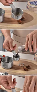 Messlöffel aus Edelstahl wird beim Einfüllen von Gewürzen für präzises Backen gezeigt.