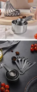 Detailaufnahme eines hochwertigen Messbecher- und Löffelsets aus Edelstahl zum Backen
