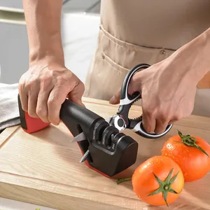 Manual 3-stage kitchen knife sharpener for knives and scissors on wooden board