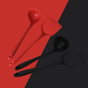 Juego de espátula y cucharón de silicona roja y negra para utensilios de cocina antiadherentes