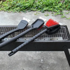 Long Handle Multi-Functional BBQ Grill Cleaning Brush Stainless Steel Scraper Nylon Bristles Outdoor Barbecue Cleaner Tool