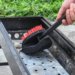 Long handle 3-in-1 BBQ grill cleaning brush with scraper and sponge for outdoor grills