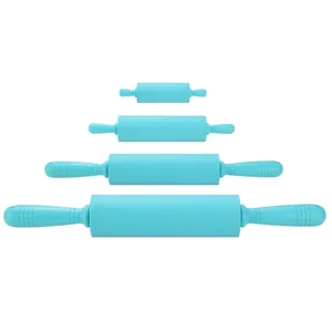 Set of four blue silicone rolling pins in various sizes for kitchen baking and pastry.