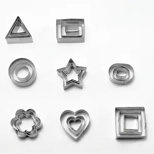 24-piece stainless steel geometric cookie cutter set with nested shapes on white background