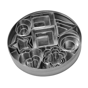 24-piece stainless steel cookie cutter set with geometric shapes in a round storage tin.