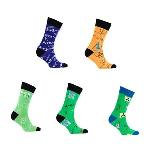 Collection of science-themed crew socks featuring mathematics and chemistry patterns