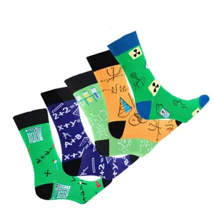 Detailed view of colorful science-themed socks featuring math formulas and lab icons.