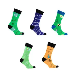 Colorful collection of five science-themed mid-calf socks with math and physics prints