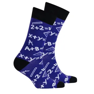 Premium blue crew socks with white knitted mathematical formulas and scientific geometry icons