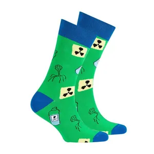 Vibrant green crew socks featuring scientific chemistry and physics themed patterns.