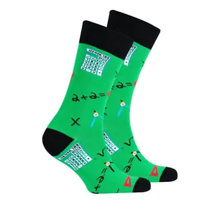Detail view of vibrant green mid-calf socks featuring creative math and science prints.