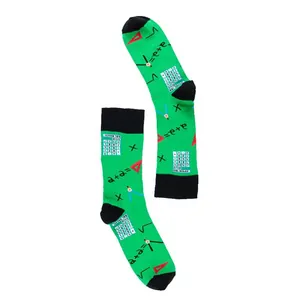 Green crew socks with mathematics and science themed calculator and equation print