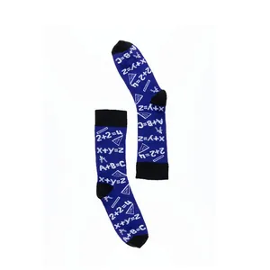 Detailed view of math formula and science tool prints on blue cotton crew socks