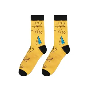Detail view of yellow crew socks featuring intricate math and physics formula prints