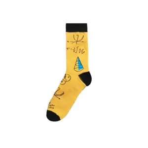 Yellow mid-calf sock featuring mathematical formulas and physics diagrams for science lovers