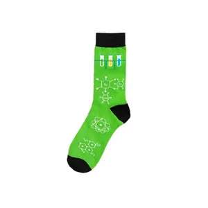 Close-up detail of green science socks with chemical formulas and lab equipment patterns.
