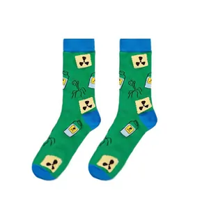 Detail of green science crew socks featuring radiation symbols and bacteriophage pattern