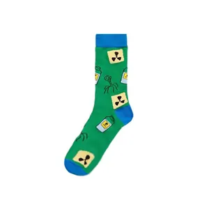 Green crew socks with science patterns like radioactive symbols and chemical flasks.