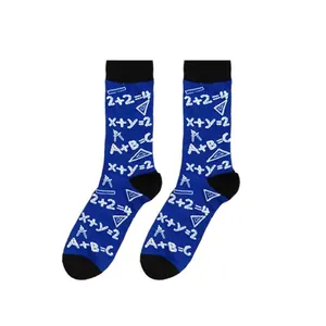 Detailed view of blue crew socks featuring white hand-drawn math formulas design