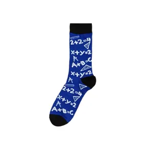 Detailed view of blue mid-calf socks with white mathematical and scientific formulas