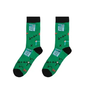 Detailed view of green math-themed crew socks featuring equations and scientific patterns