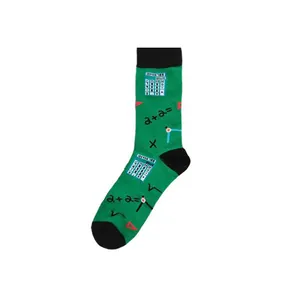 Green math-themed mid-calf cotton socks with 2+2 calculation and calculator prints