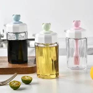 Cartoon Pig 2-in-1 Glass Oil Bottle With Silicone Brush Heat Resistant Oil Dispenser For Kitchen Cooking Baking Oil Pot