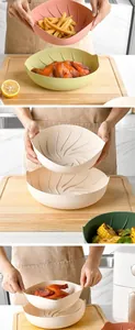 Heat resistant silicone air fryer pot showing various food usage scenarios and colors