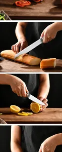 Detailed usage demonstration of stainless steel bread knife and utility knife on board