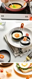 Detailed collage of non-stick egg rings with orange heat-resistant silicone handles.