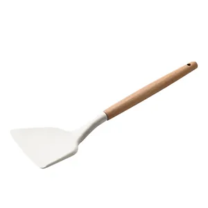 Cream white silicone spatula with ergonomic wooden handle for non-stick cookware