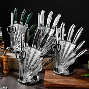 Stainless Steel Kitchen Knife Set Marble Pattern Hollow Handle Chef Bread Meat Paring Knives With Acrylic Storage Stand