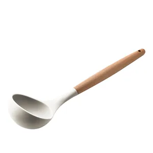 Professional cream white silicone soup ladle with ergonomic natural wooden handle