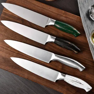 Professional chef knife set with stone pattern handles on wooden cutting board.