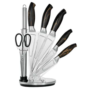8-piece stainless steel kitchen knife set with marble grain handles and acrylic stand