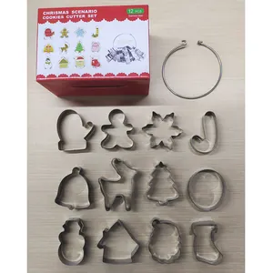 12-piece stainless steel Christmas cookie cutter set with various holiday shapes and storage ring